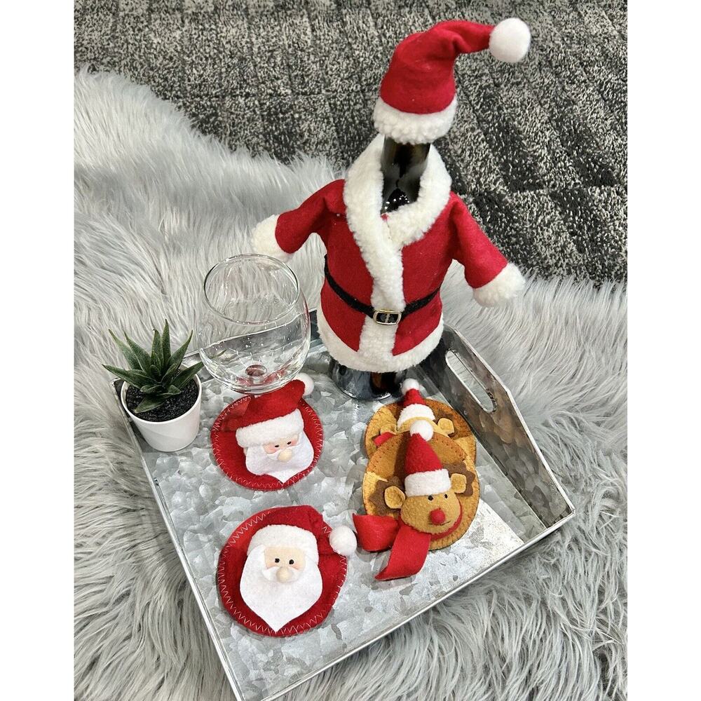 Holiday Santa Reindeer Wine Bottle/Stemware‎ Decor Set